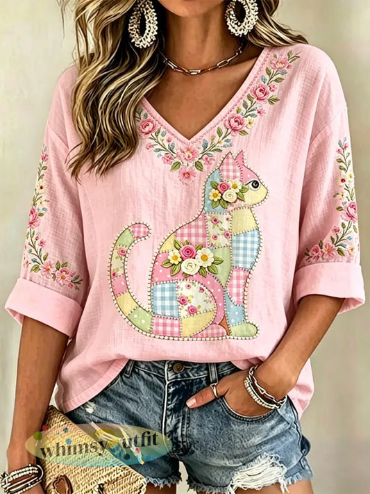 Damescasual top met bloemen- en kattenprint en V-hals - Roze / S