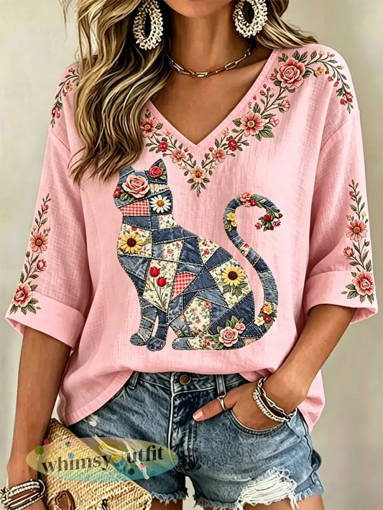 Damescasual top met bloemen- en kattenprint en V-hals - Roze / S