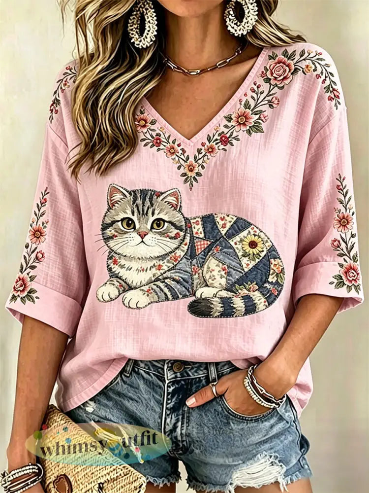 Damescasual top met bloemen- en kattenprint en V-hals - Roze / S
