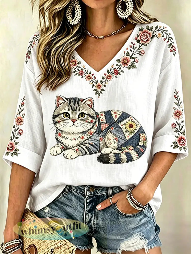 Damescasual top met bloemen- en kattenprint en V-hals - Wit / S