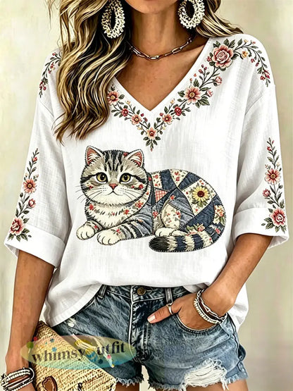 Damescasual top met bloemen- en kattenprint en V-hals - Wit / S