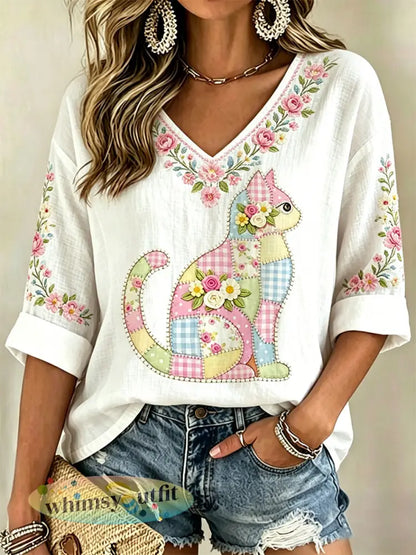 Damescasual top met bloemen- en kattenprint en V-hals - Wit / S