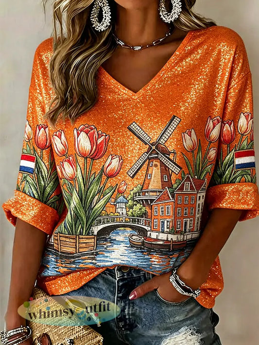 Damescasual top met V-hals en paillettenbloemenprint - A / S