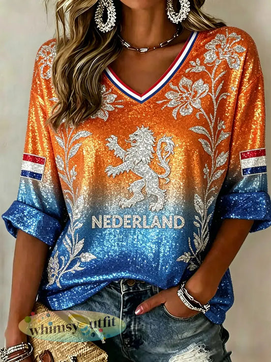Damescasual top met V-hals en paillettenprint van een leeuw en bloemen - A / S