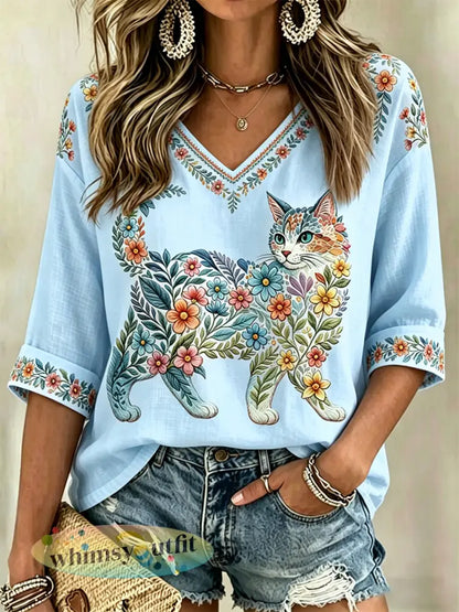 Damescasualshirt met bloemen- en kattenprint en V-hals - Lichtblauw / S