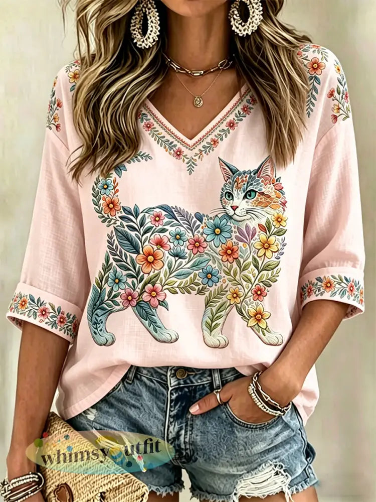 Damescasualshirt met bloemen- en kattenprint en V-hals - Roze / S