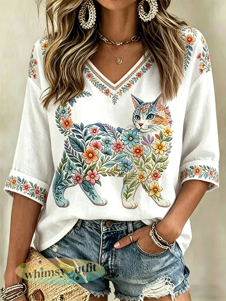 Damescasualshirt met bloemen- en kattenprint en V-hals - Wit / S