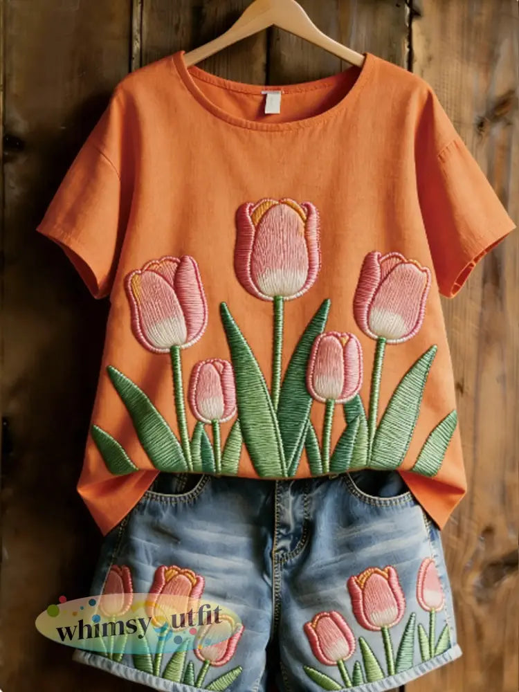 Damescasualt-shirt met bloemenpatchworkprint - Sinaasappel / S