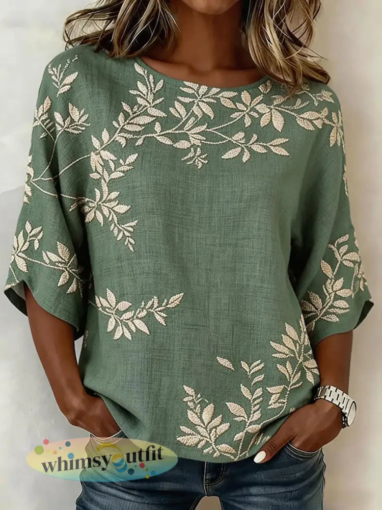 Damescasualt-shirt met bloemenprint van katoen-linnen - als foto / S