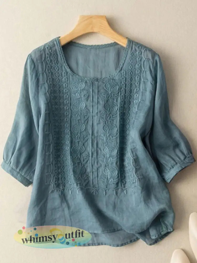 Damescasualt-shirt met bloemenprint van katoen-linnen - Blauw / M