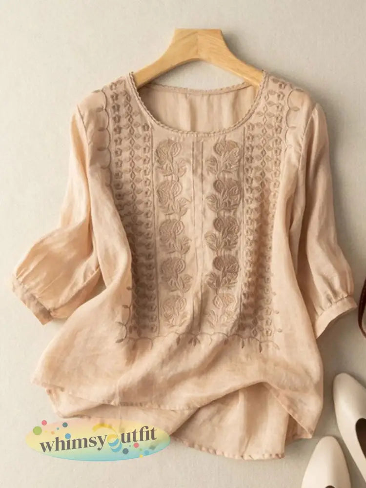 Damescasualt-shirt met bloemenprint van katoen-linnen - Kaki / M
