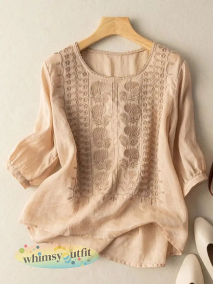 Damescasualt-shirt met bloemenprint van katoen-linnen - Kaki / M
