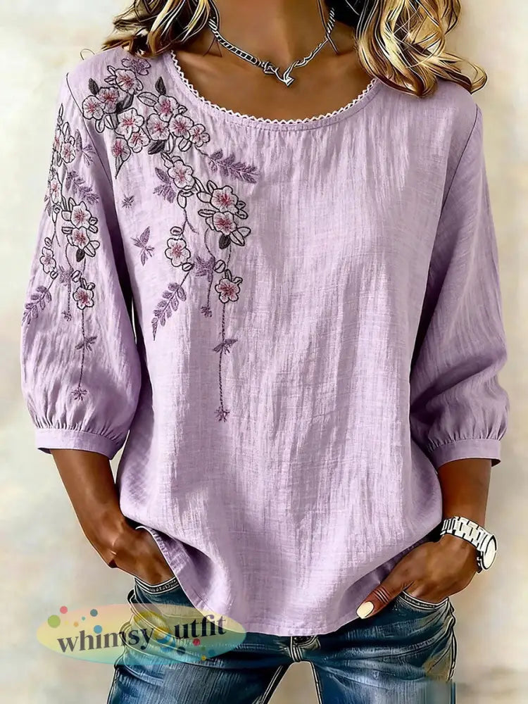 Damescasualt-shirt met bloemenprint van katoen-linnen - Purper / M