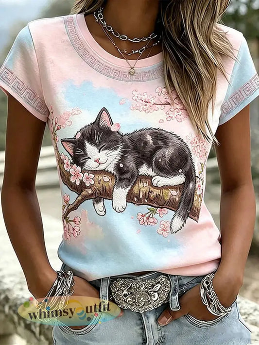 Damescasualt-shirt met katten- en dierenborduurwerk en print - als foto / S