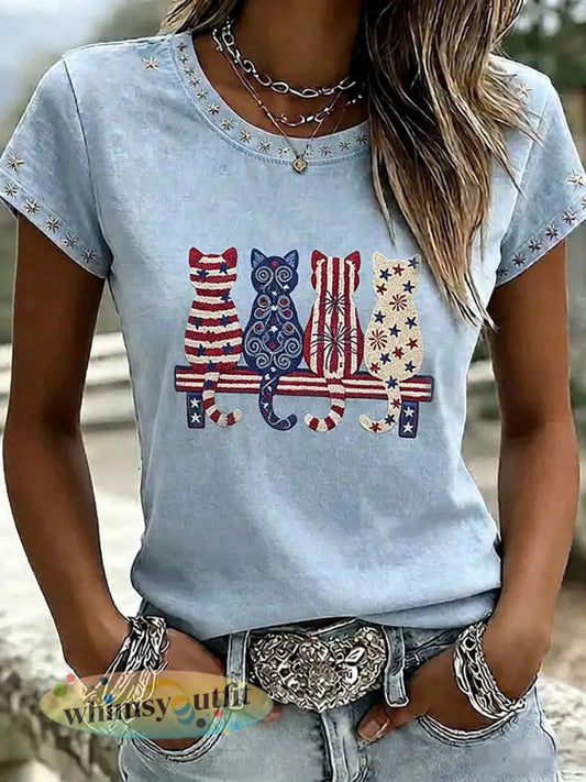 Damescasualt-shirt met katten- en dierenborduurwerk en print - als foto / S