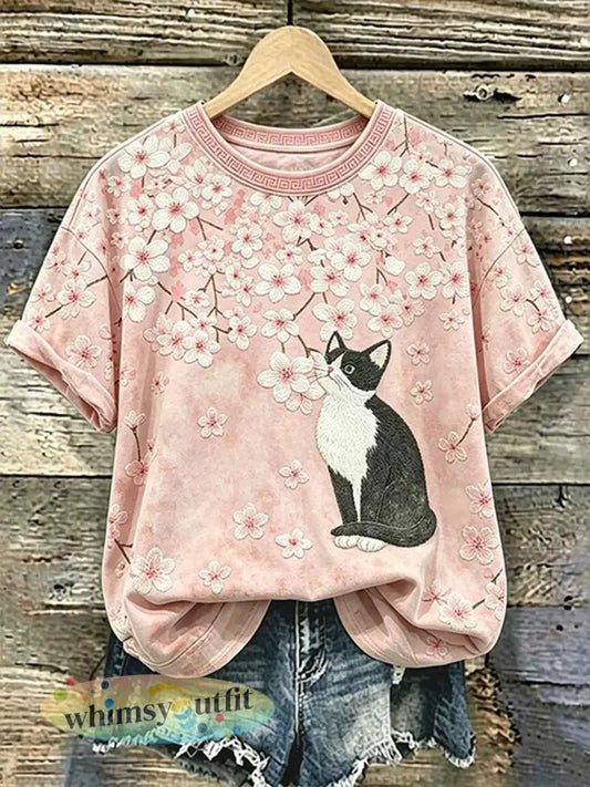 Damescasualt-shirt met katten- en dierenborduurwerk en print - als foto / S