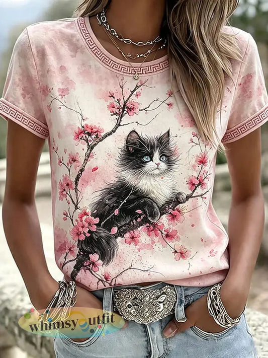 Damescasualt-shirt met katten- en dierenborduurwerk en print - als foto / S