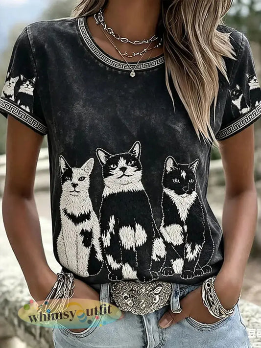 Damescasualt-shirt met katten- en dierenborduurwerk en print - als foto / S