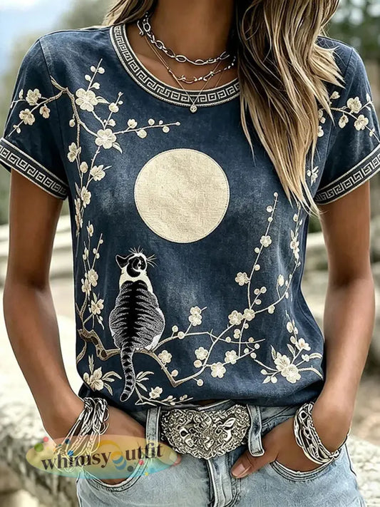 Damescasualt-shirt met katten- en dierenborduurwerk en print - als foto / S