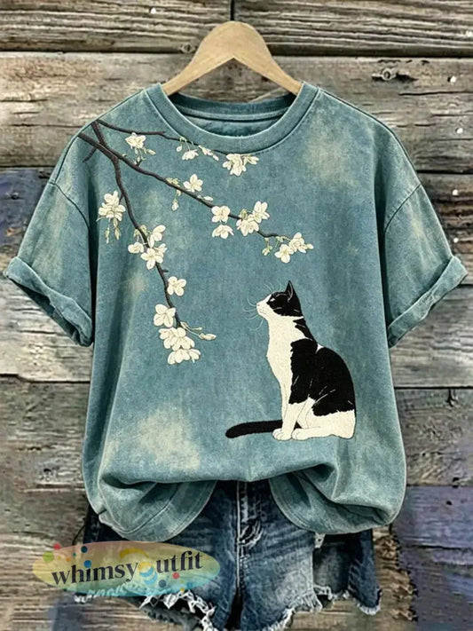 Damescasualt-shirt met katten- en dierenborduurwerk en print - als foto / S