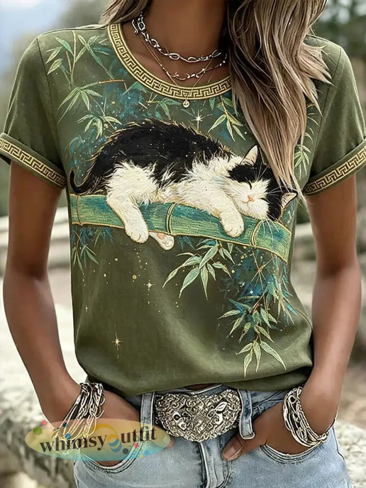 Damescasualt-shirt met katten- en dierenborduurwerk en print - als foto / S