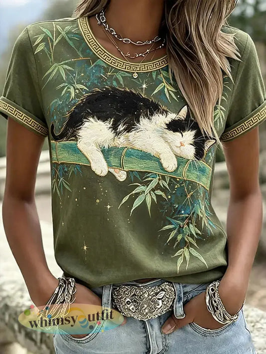 Damescasualt-shirt met katten- en dierenborduurwerk en print - als foto / S