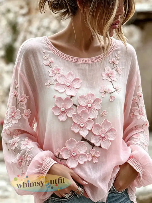 Damescasualtop in vintagestijl van katoen-linnen met geborduurde bloemen en geprint patchwork - A / S