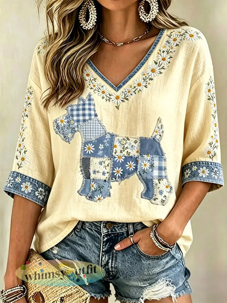 Damescasualtop met bloemen- en hondendessin en V-hals - Beige / S