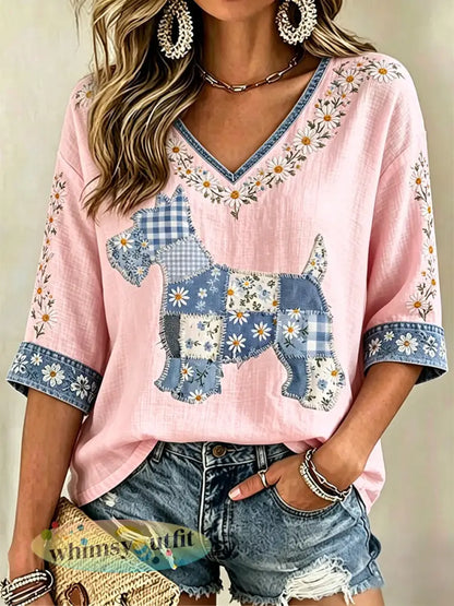 Damescasualtop met bloemen- en hondendessin en V-hals - Roze / S