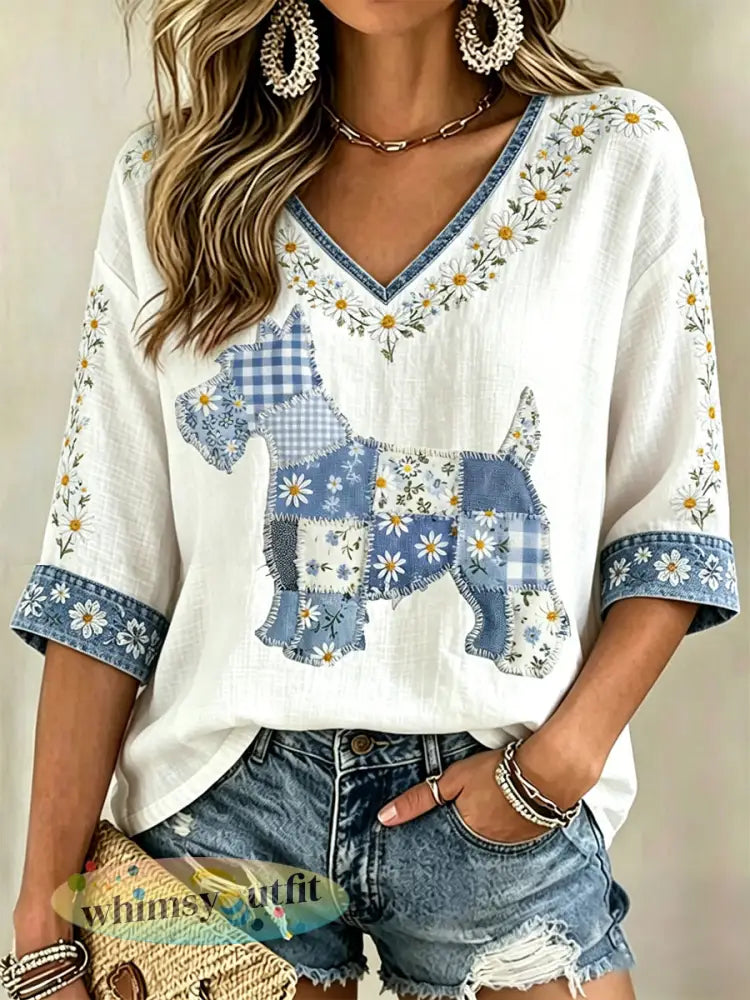 Damescasualtop met bloemen- en hondendessin en V-hals - Wit / S