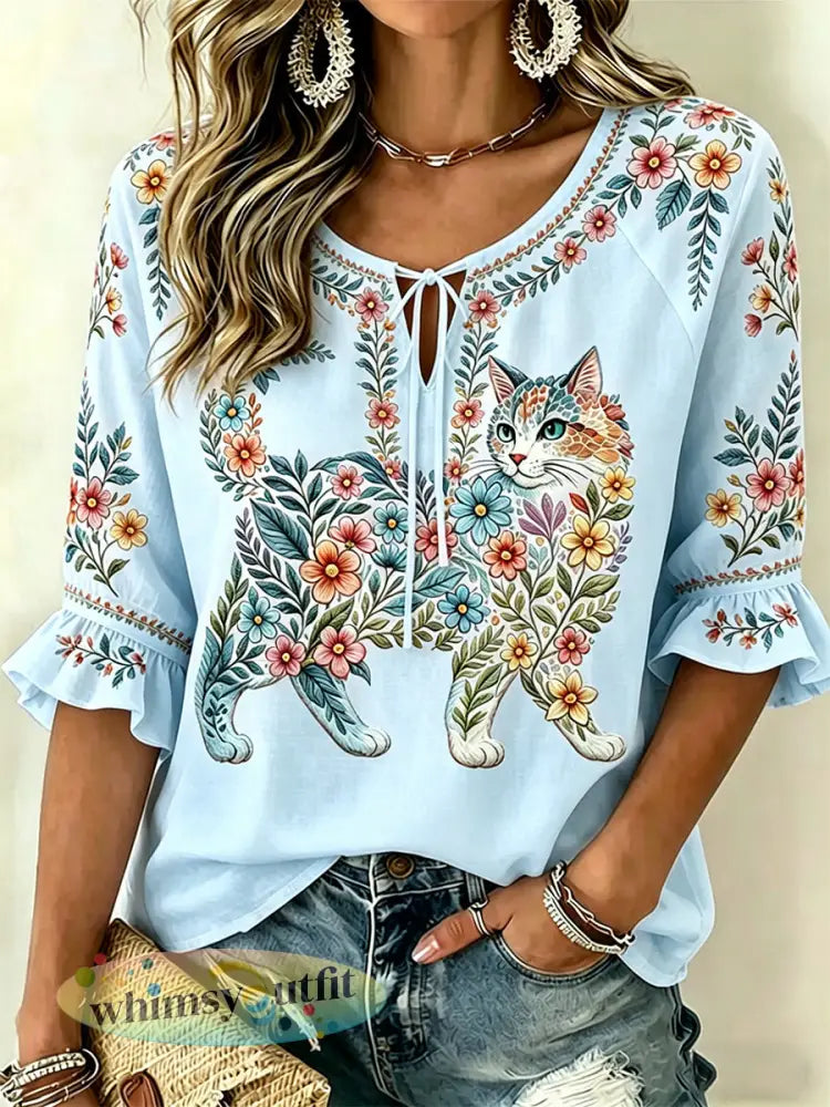 Damescasualtop met bloemen- en kattenprint - Blauw / S