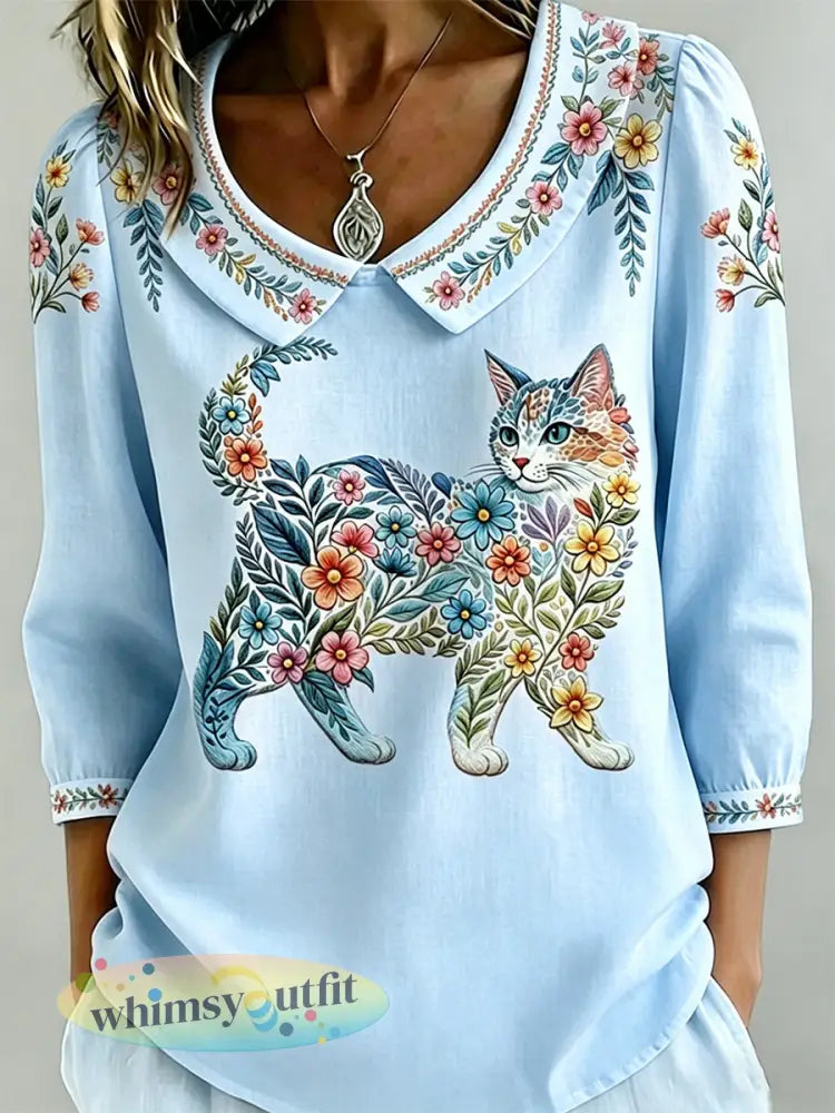 Damescasualtop met bloemen- en kattenprint - Lichtblauw / S