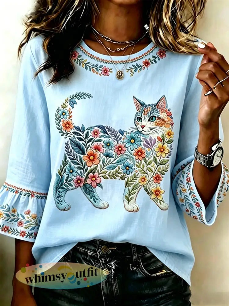 Damescasualtop met bloemen- en kattenprint - Lichtblauw / S