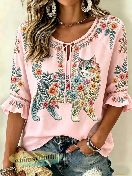 Damescasualtop met bloemen- en kattenprint - Roze / S