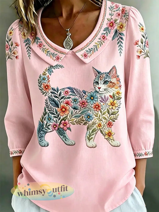 Damescasualtop met bloemen- en kattenprint - Roze / S