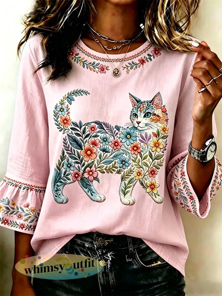 Damescasualtop met bloemen- en kattenprint - Roze / S