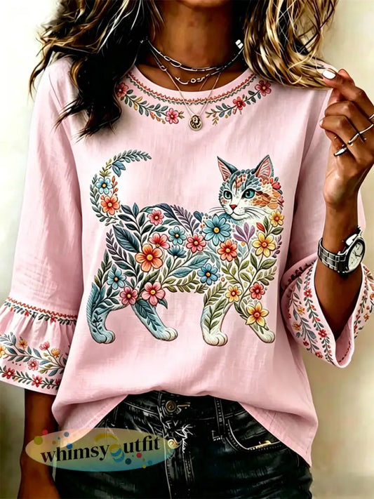 Damescasualtop met bloemen- en kattenprint - Roze / S