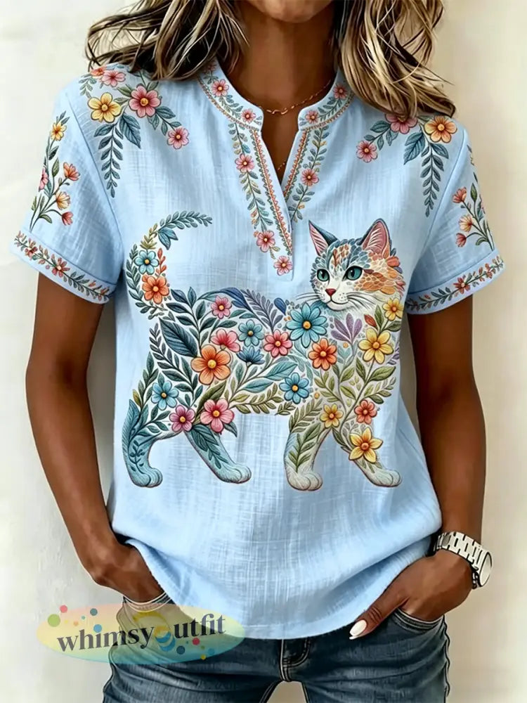 Damescasualtop met bloemen- en kattenprint en V-hals - Lichtblauw / S