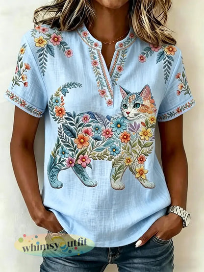 Damescasualtop met bloemen- en kattenprint en V-hals - Lichtblauw / S