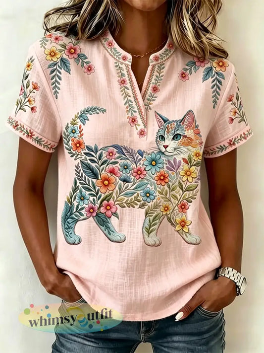 Damescasualtop met bloemen- en kattenprint en V-hals - Roze / S