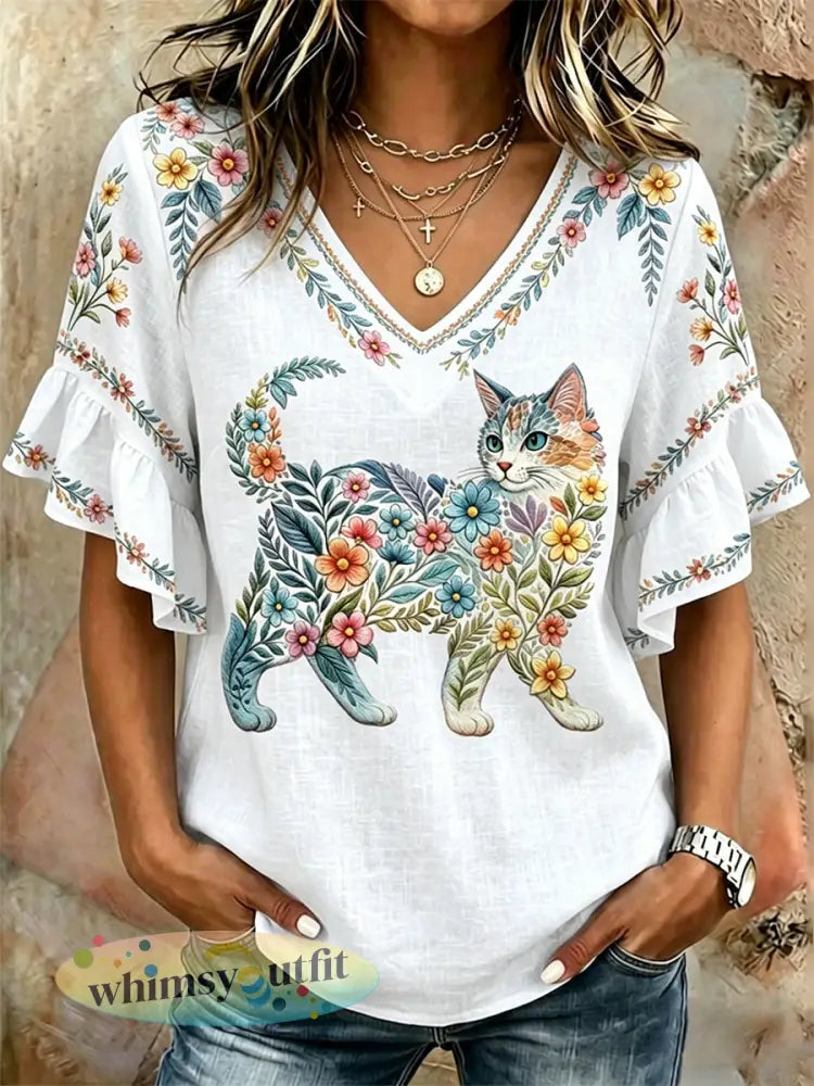 Damescasualtop met bloemen- en kattenprint en V-hals - Wit / S