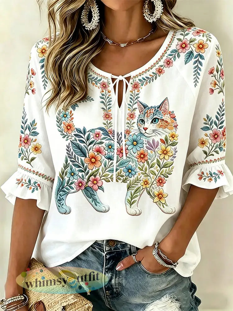 Damescasualtop met bloemen- en kattenprint - Wit / S