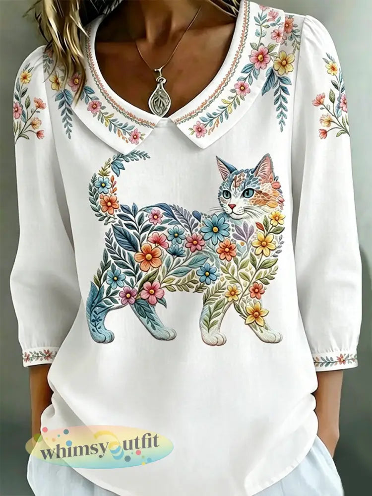 Damescasualtop met bloemen- en kattenprint - Wit / S