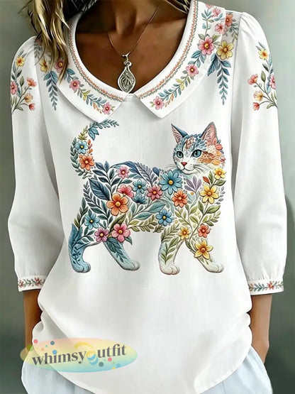 Damescasualtop met bloemen- en kattenprint - Wit / S