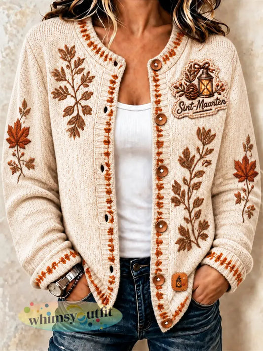 Damescasualvest in offwhite met esdoornbladprint Nederlands Sint-Maartensmotief - Romig-Wit / S