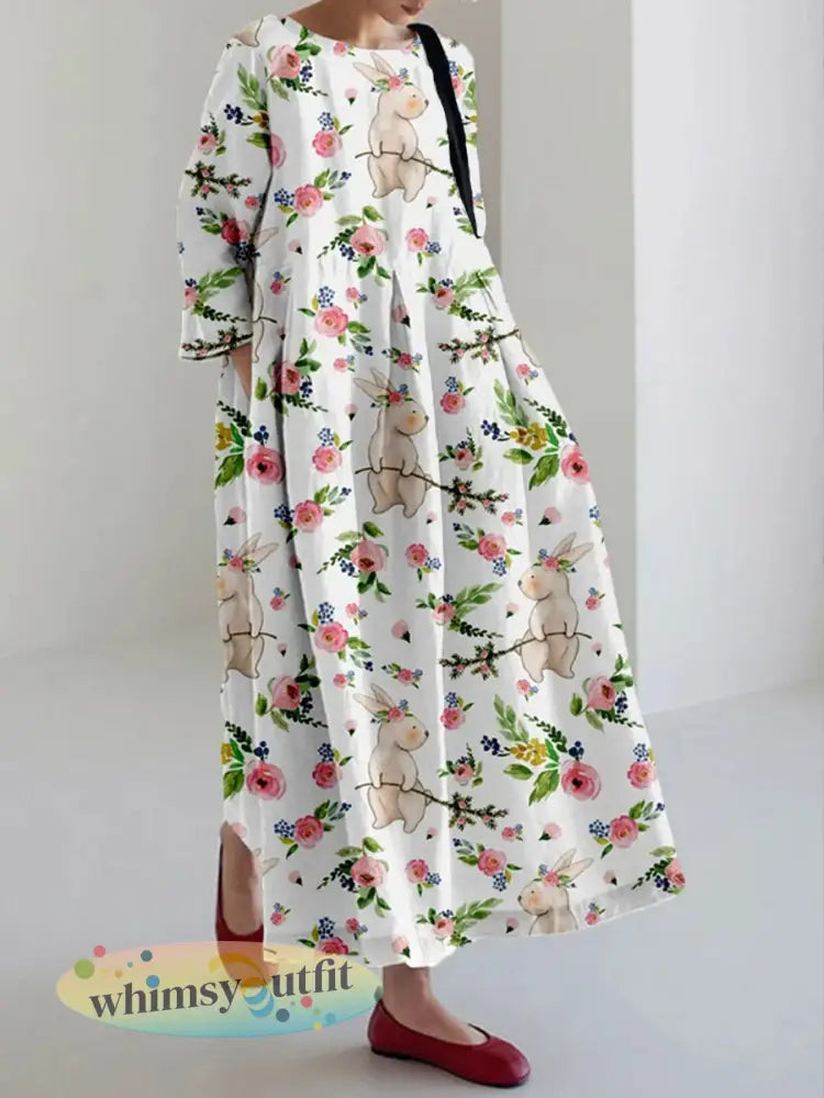 Damesetende schattige konijntjes en bloemen bedrukt katoenen linnen jurk met ronde-hals maxi - Wit / S