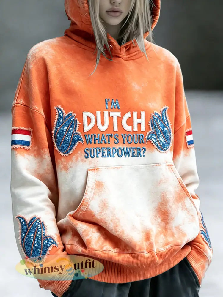 Damesgradiënt Nederlandse pailletten 3D-geprinte casual modieuze hoodie - Oranje wit / S