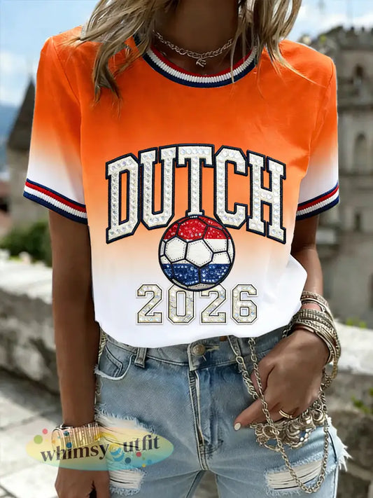 Damesgradiënt Nederlandse voetbal paillettenprint casual t-shirt - Oranje wit / S
