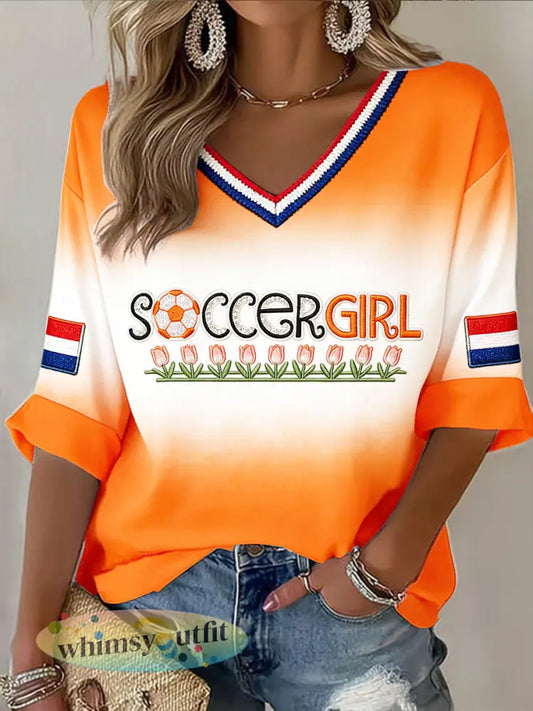 Damesgradiënt Nederlandse voetbalmeisje glitterprint casual T-shirt met V-hals - Oranje wit / S