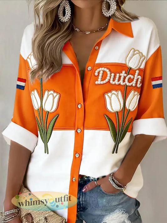 Dameshemp in Hollandse tulpenstijl met patchworkprint casual en modieus - Oranje wit / S
